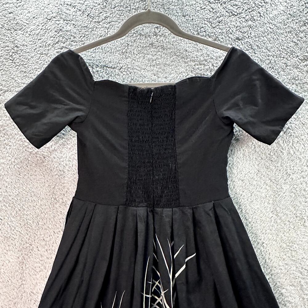Belle Poque Women's Medium Black Dress Swan Floral Print Scalloped Front Smocked - Picture 6 of 9